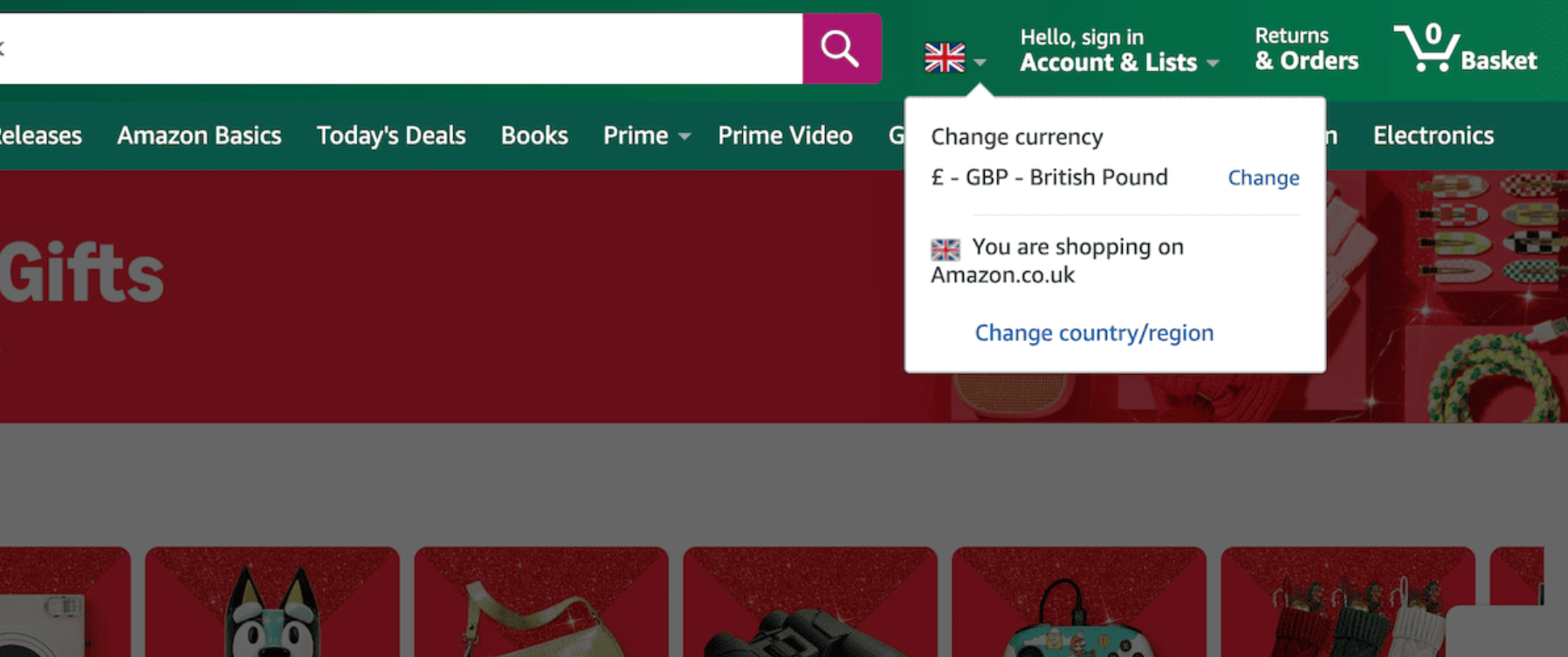 Amazon showing its front-end currency switcher
