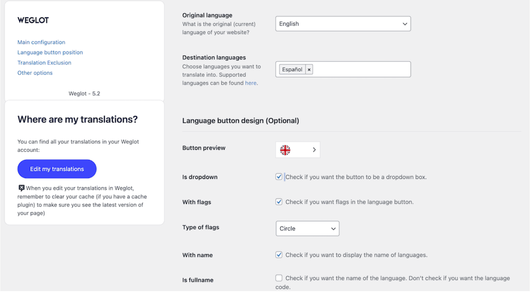  The Weglot interface showing language switcher design options